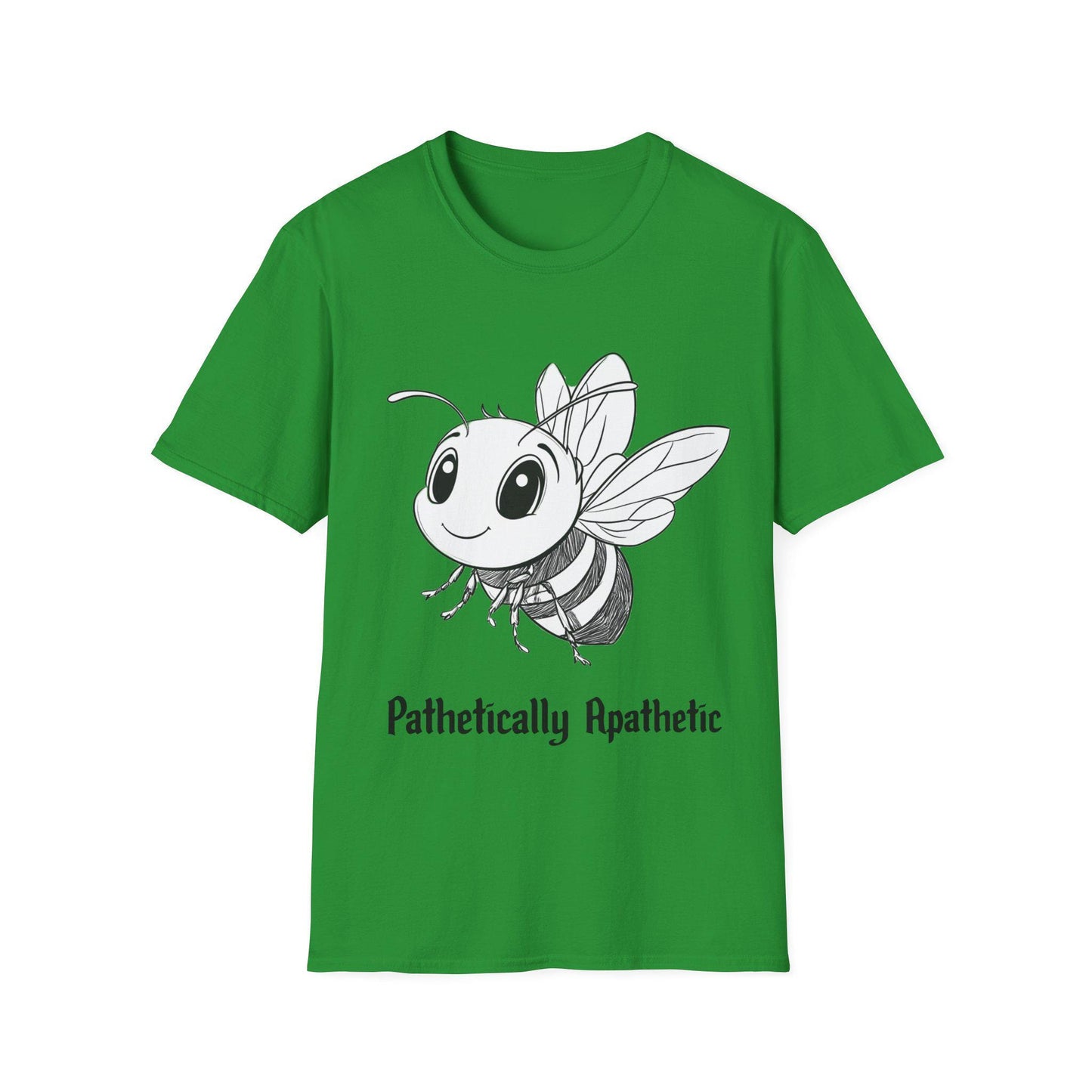 Funny Smiling Bee Unisex Softstyle T-Shirt, Cartoon Pencil, 'Pathetically Apathetic' Tee, Gift for Bee Lover, Humor Graphic Shirt