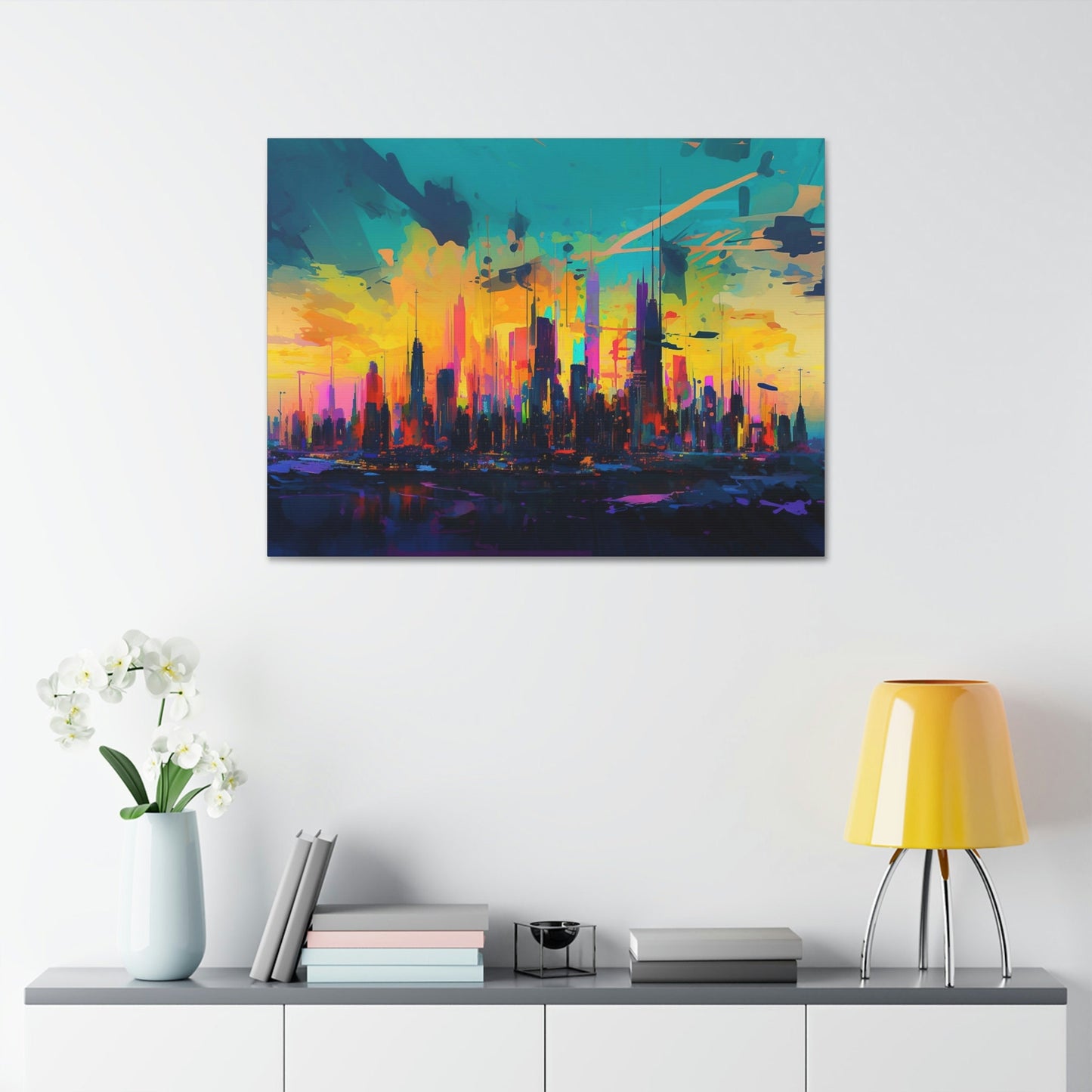 City skyline with a backdrop of bright neon colors exploding from a sunset. This impressionist style Ai Wall Art print makes an impact.
