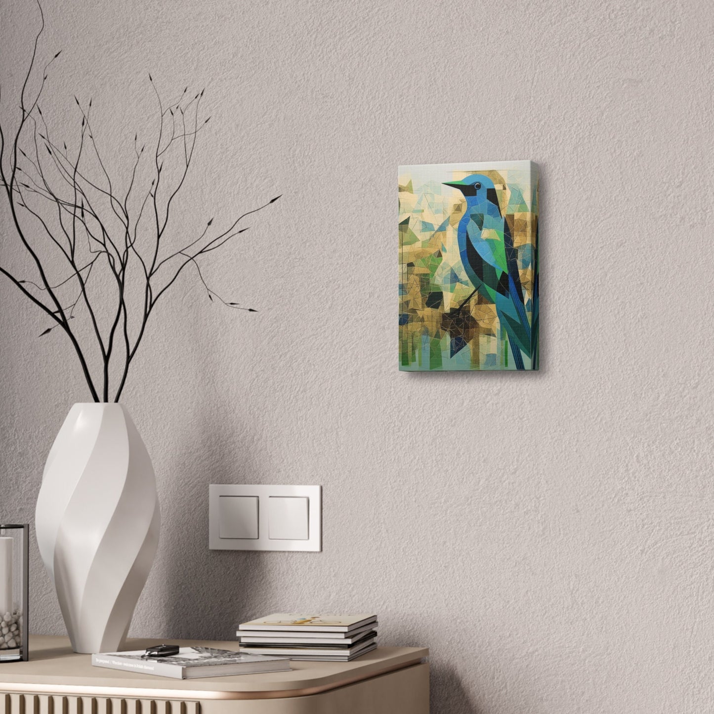 Unique College Dorm or New Apartment Wall Art | Abstract Mosaic style print of a Blue and Green Bird. Ai generated digital painting.