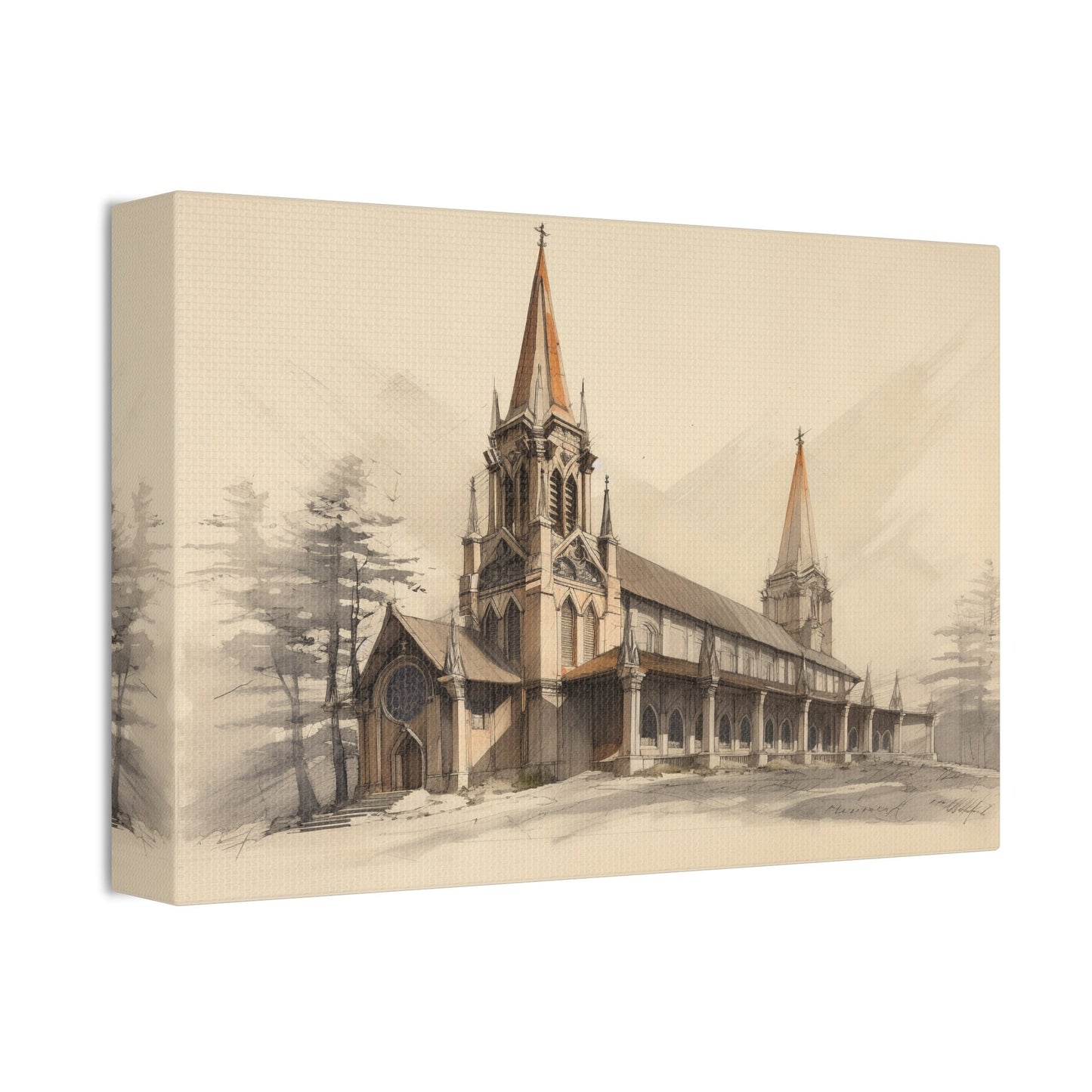 Unique wall art for college apartments or new homes | Architectural Drawing of a Church no.1 on weathered canvas | Ai Wall Art