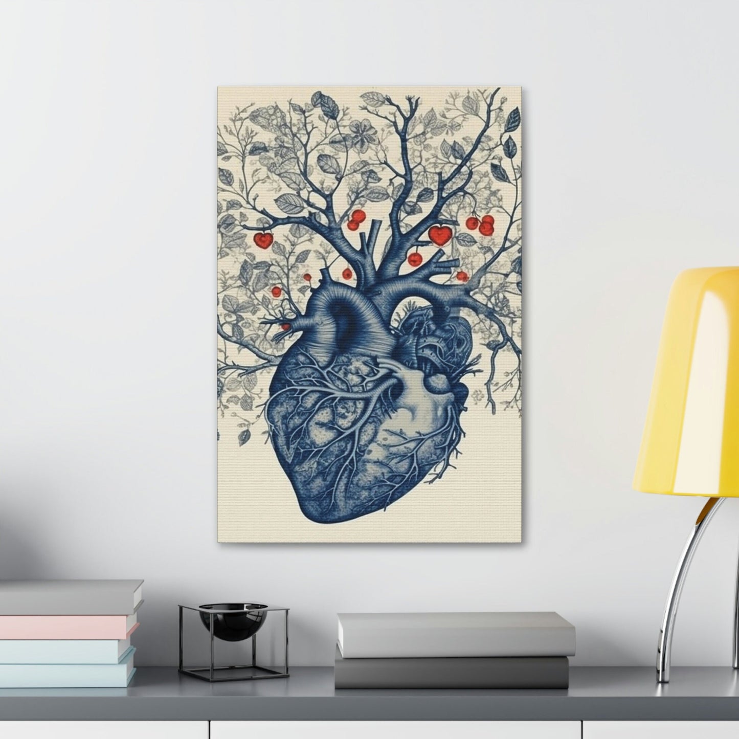 The Heart is the Root of Happiness. Ai Wall Art of an anatomical heart sprouting a tree with blooms. In Style of anatomical ink drawing.