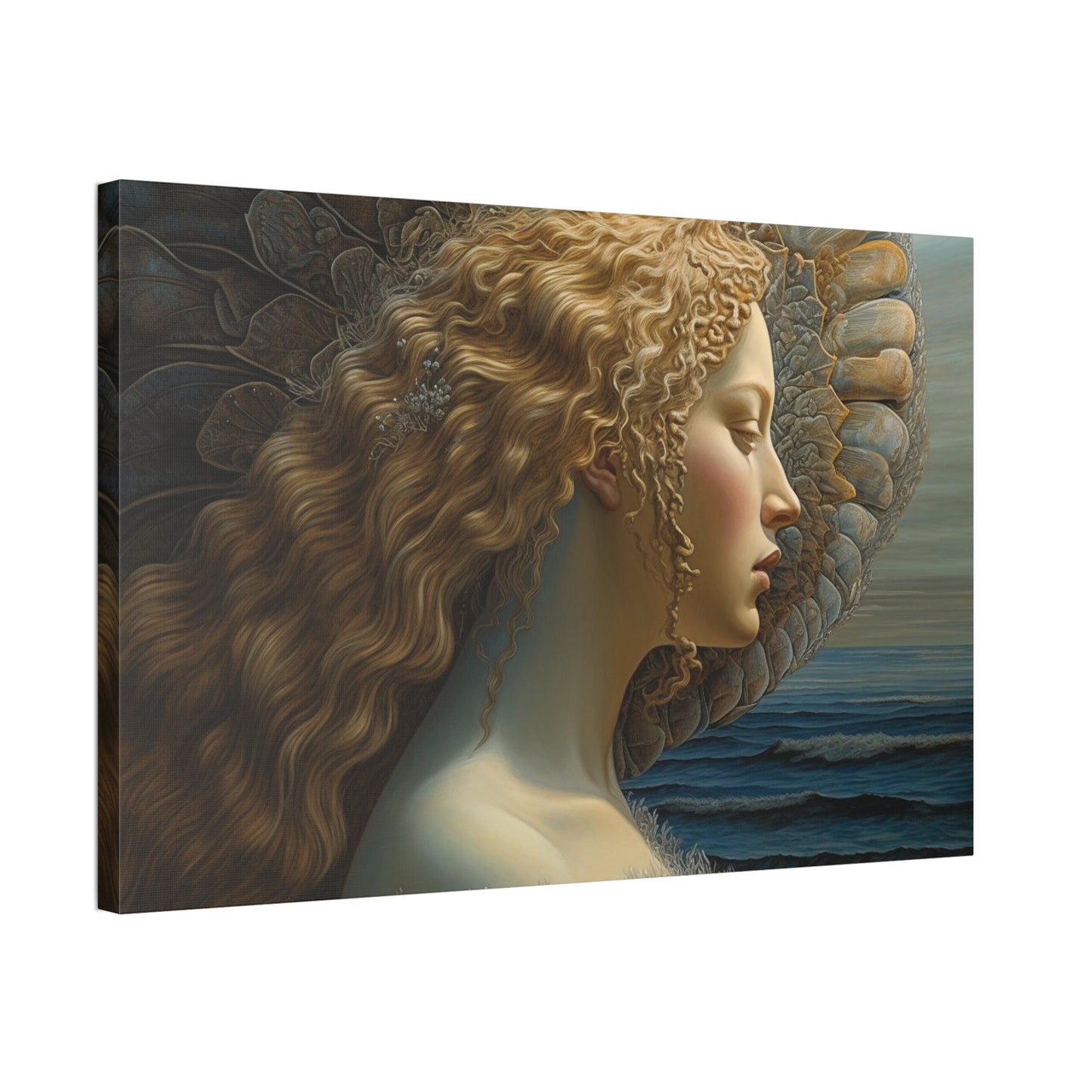 Ai Wall Art: Reimagined version of Botticelli's masterpiece, The Birth of Venus from a profile view. This is a beautiful, yet haunting print
