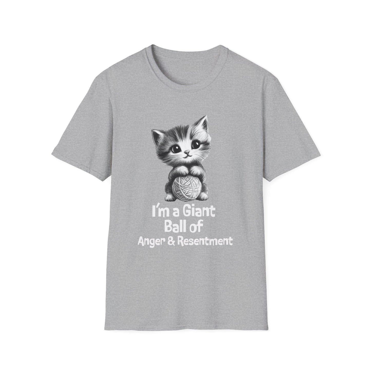Funny Cat Tshirt - Unisex Softstyle Tee with 'I'm a giant ball of anger and resentment' - Cute Kitty Graphic, Cat Lover Gift, Sarcastic Tee,