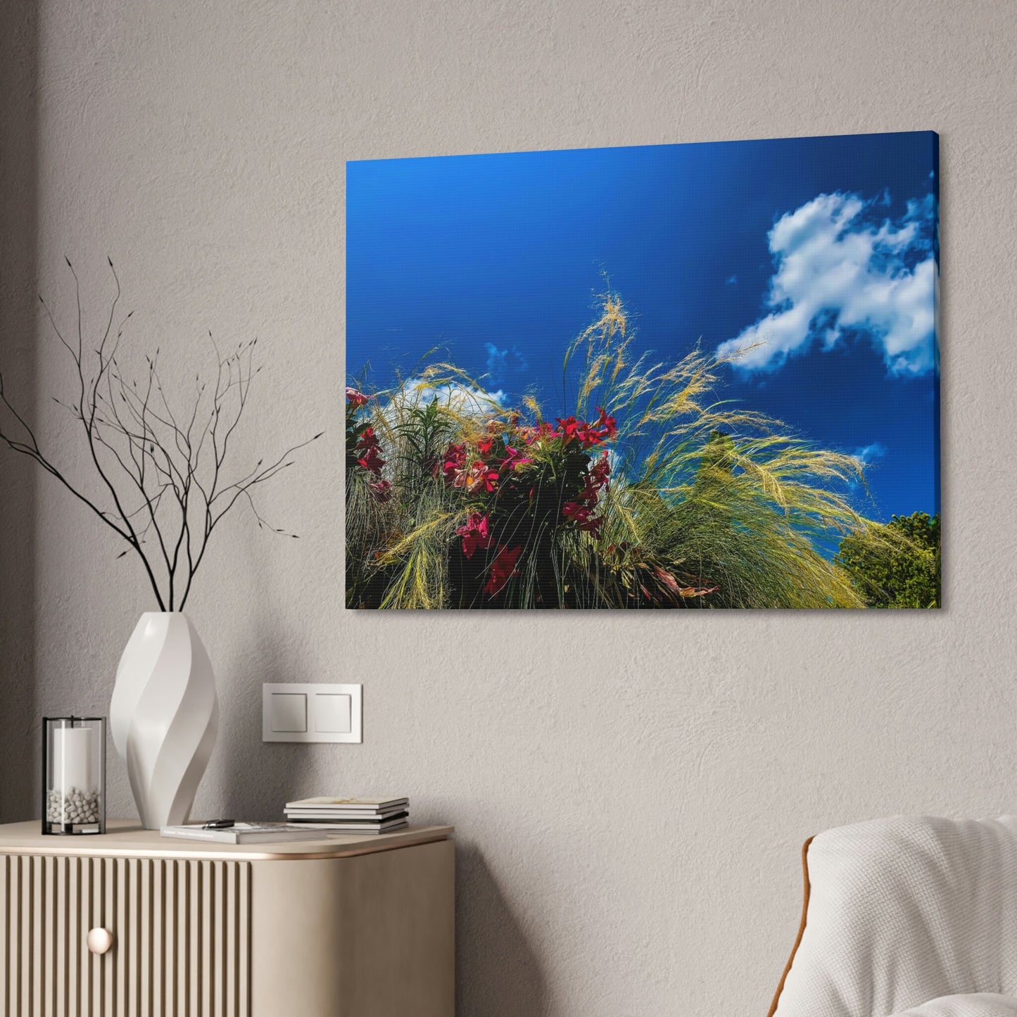 Red Flowers, Green Grass, White Clouds, and a brilliant Blue Sky: Brightly colored photograph print.
