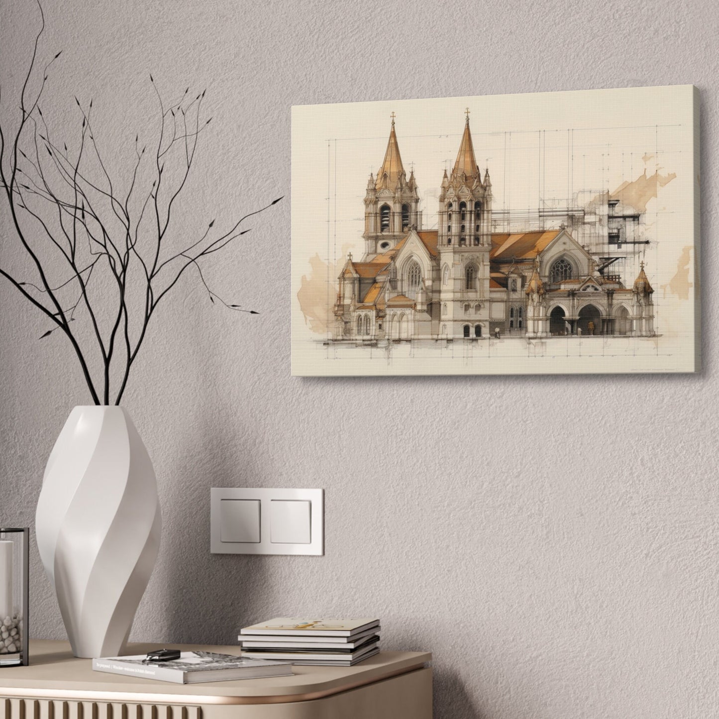Unique wall art for college apartments or new homes | Architectural Drawing of a Church no.4 on weathered canvas | Ai Wall Art