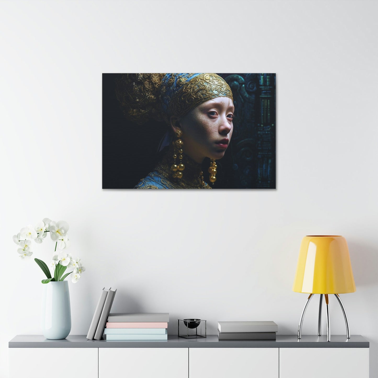 Reimagined Photorealistic Ai Wall Art version of the Vermeer masterpiece, Girl with a Pearl Earring. Alternative POV with an alien twist.