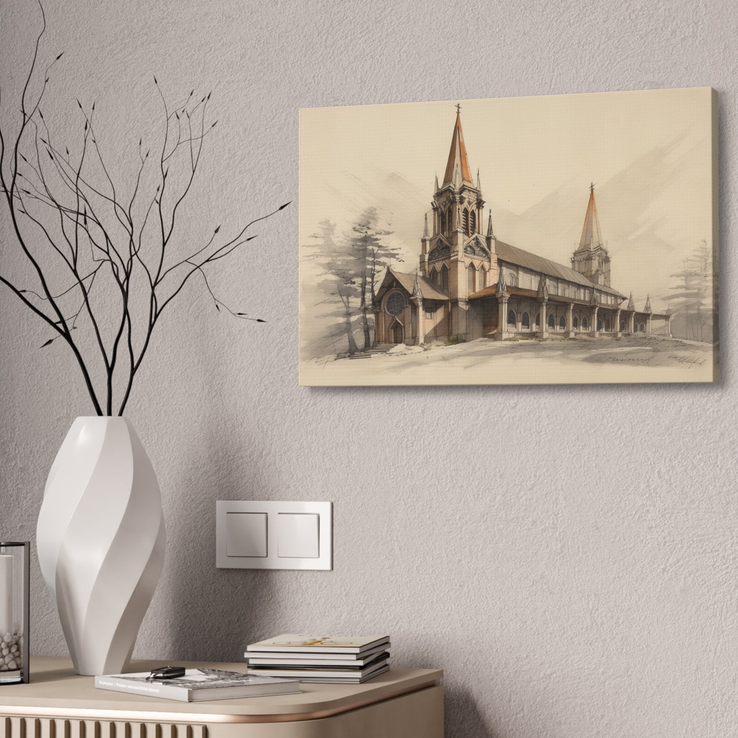 Unique wall art for college apartments or new homes | Architectural Drawing of a Church no.1 on weathered canvas | Ai Wall Art
