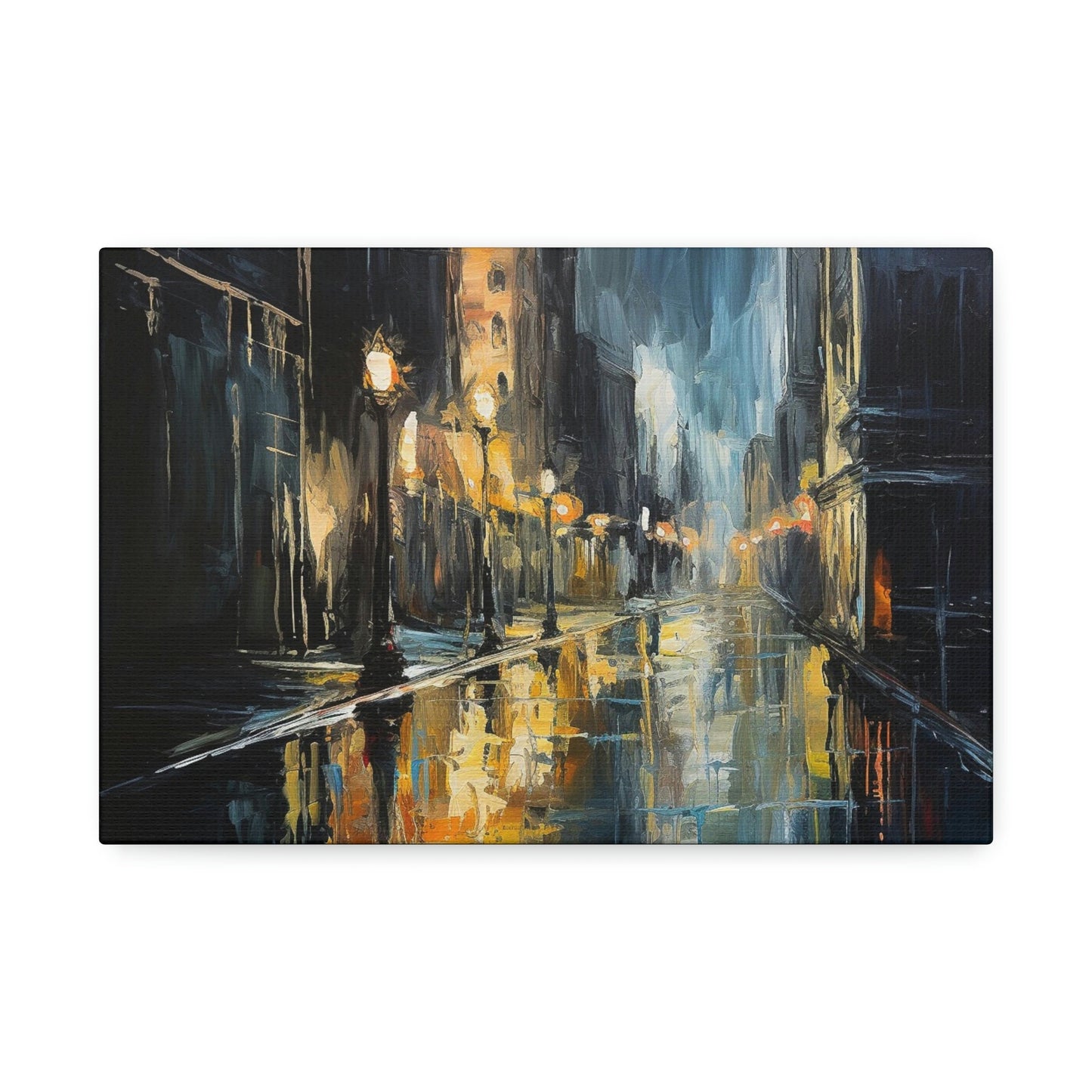 Impressionistic style Ai Wall Art. Sodden City, shows a dark and wet street scene bursting with reflections and soaked to the bone.