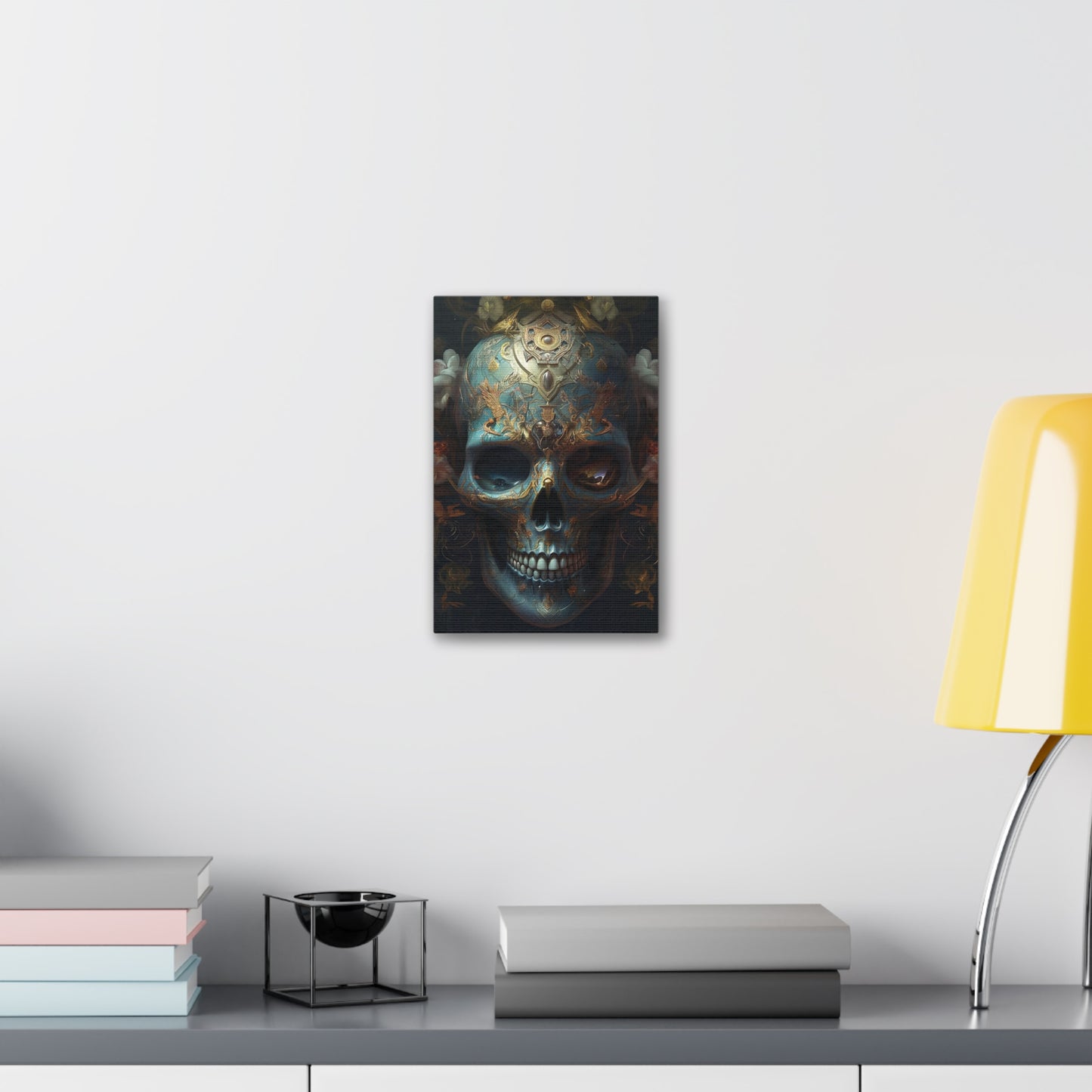 Ornate Painted Skull #1: AI hyper realistic wall art of a sky blue skull covered in ornate designs & decorations. The first of many.