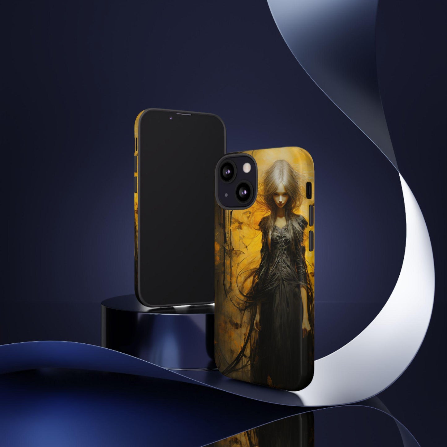 Phone Case, Creepy Girl in Black Dress Halloween Style on Yellow Gloss/Matte Cover, Spooky Gothic Design, Scary Witch Samsung/iPhone Case,