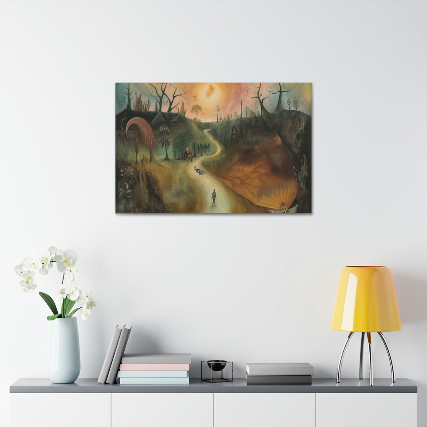 Sleep Paralysis Road: AI generated version of the a Surrealistic piece meant to be haunting and dreamy wall art. Ode to Leonora Carrington.