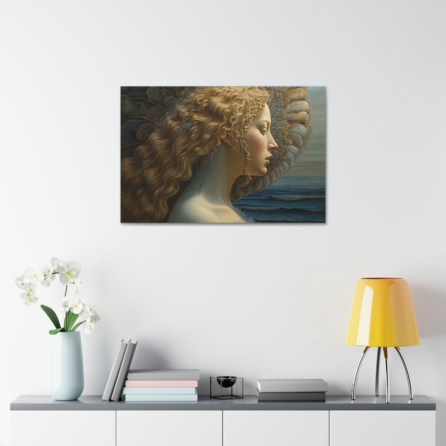 Unique wall art for college apartments or new homes | Reimagined Botticelli masterpiece, The Birth of Venus from a profile view.