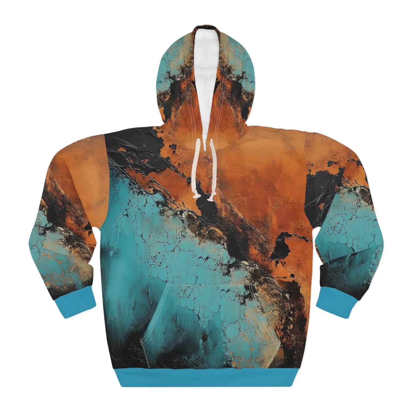 Rust Teal Black Orange Abstract Art Unisex Pullover Hoodie, Trendy Hoodie, Cool Sweatshirt, Unique Hoodie, Artistic Gift for art lovers.