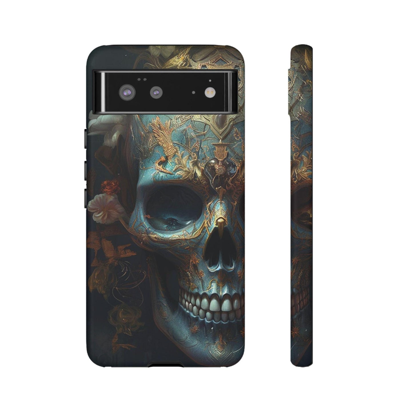 Ornate Decorated Sky Blue Skull Samsung and Google phone Tough Case | Ai Art
