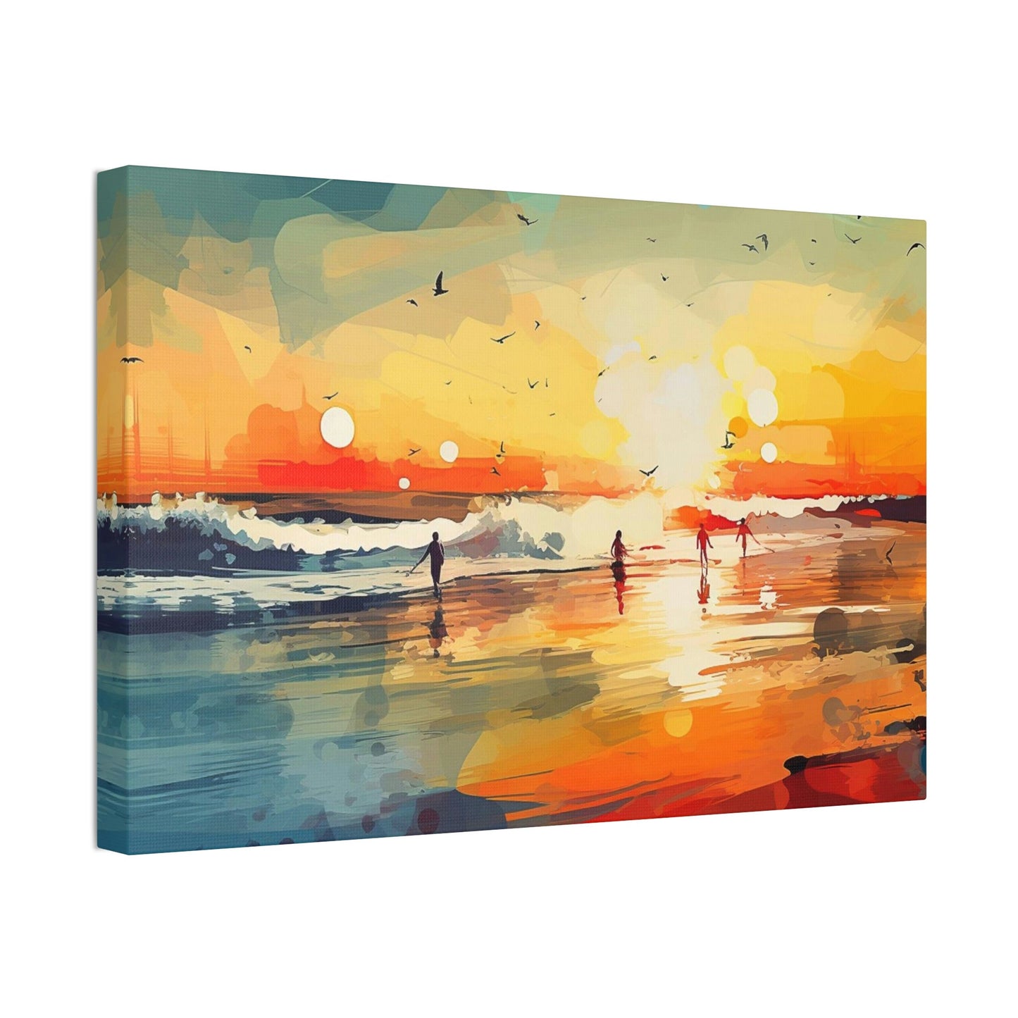 Surfer's Sunset Paradise. Ai Wall Art Impressionist style Painting Print showing a brilliant oceanside sunset .