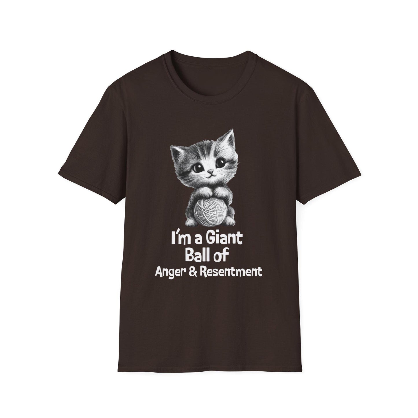Funny Cat Tshirt - Unisex Softstyle Tee with 'I'm a giant ball of anger and resentment' - Cute Kitty Graphic, Cat Lover Gift, Sarcastic Tee,