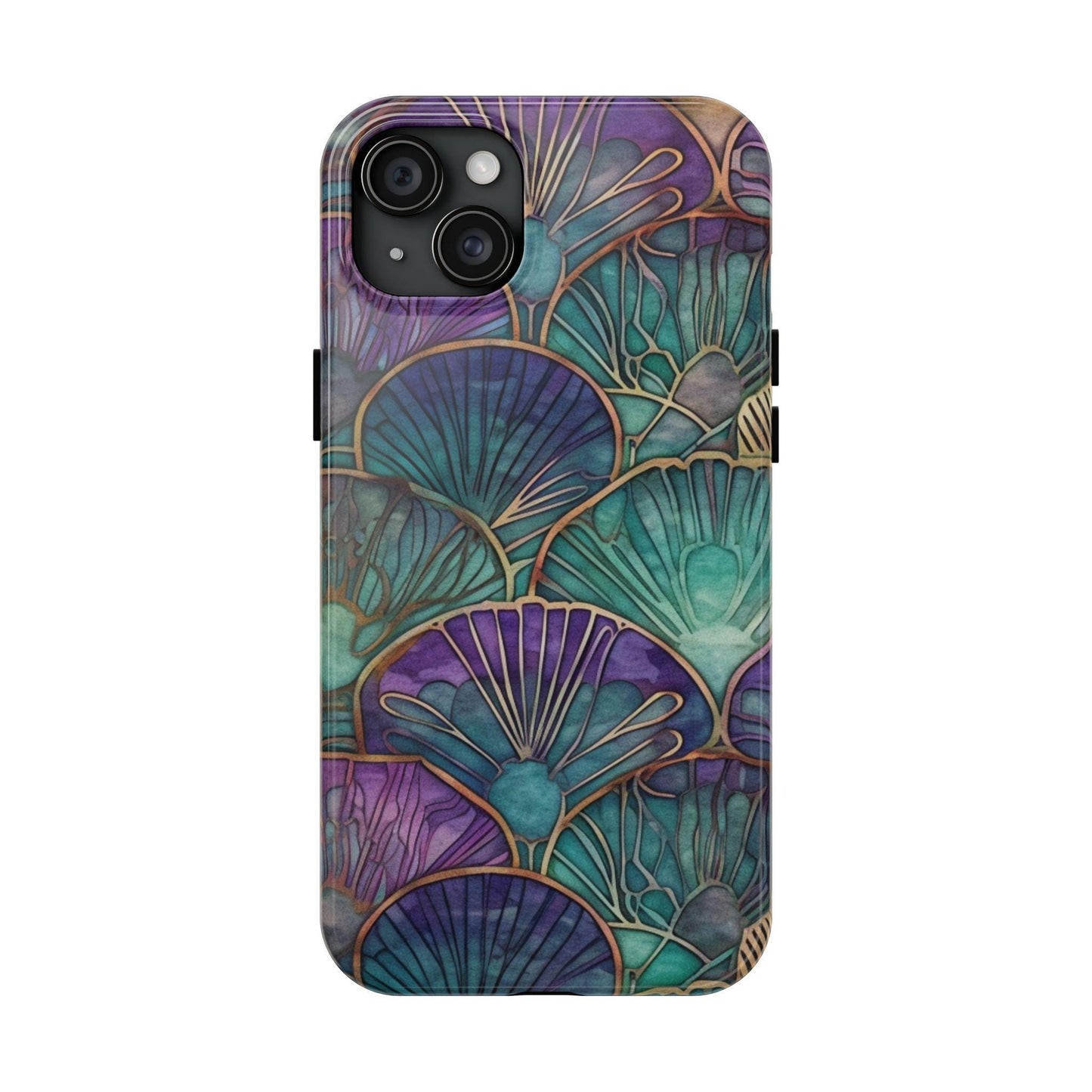 Ai Generated Art. Teal, Purple and Gold Stained Glass Shells : Tough Samsung Galaxy or iPhone Case