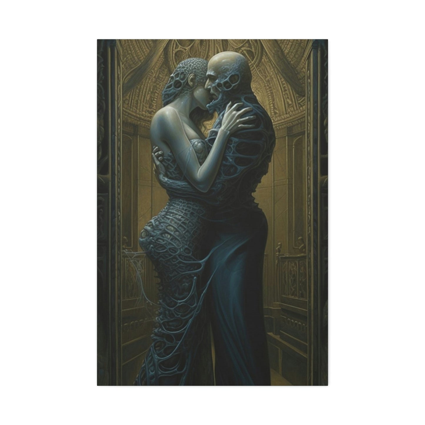 Unique wall art for college apartments or new homes | The Embrace: AI art influenced by H.R Giger and Gustav Klimt's Masterpiece, The Kiss