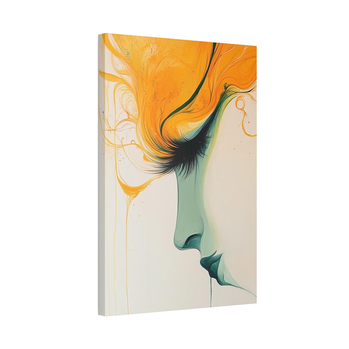 Canvas Stretched, Abstract Portrait Painting, Yellow Teal Wall Art, Modern Home Decor, Female Face Artwork, Large Canvas Print
