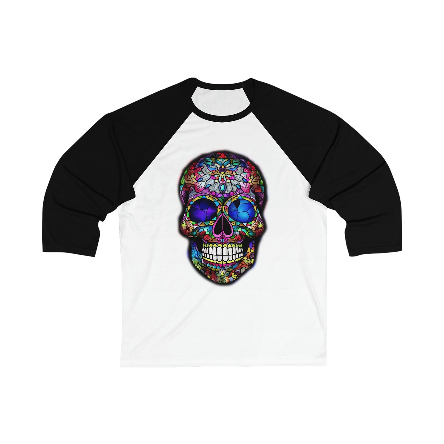 Coolest shirt ever. Unique Baseball Tee With a Stained Glass Mexican Sugar Skull Design. You want a shirt no one else will have? It's here!