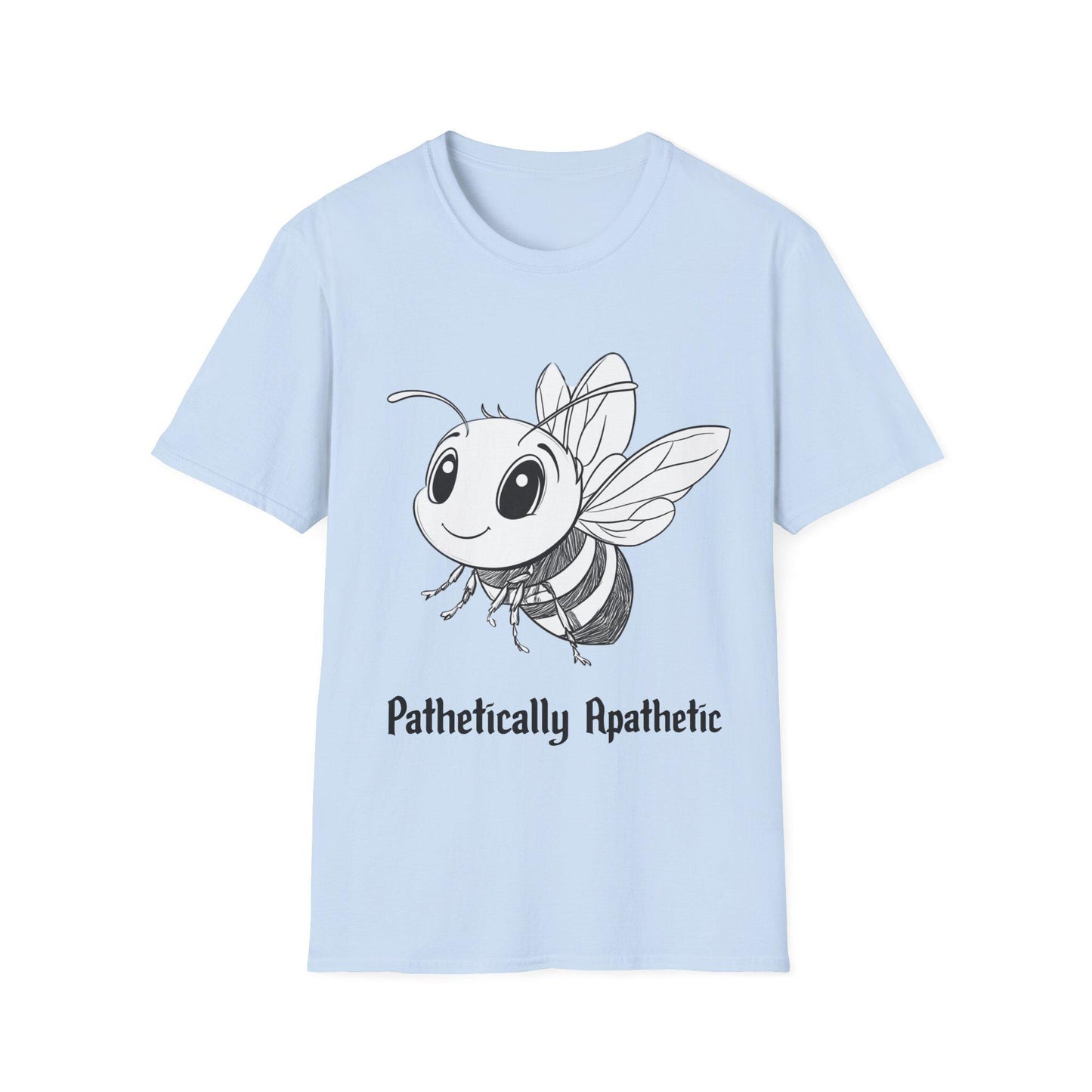 Funny Smiling Bee Unisex Softstyle T-Shirt, Cartoon Pencil, 'Pathetically Apathetic' Tee, Gift for Bee Lover, Humor Graphic Shirt