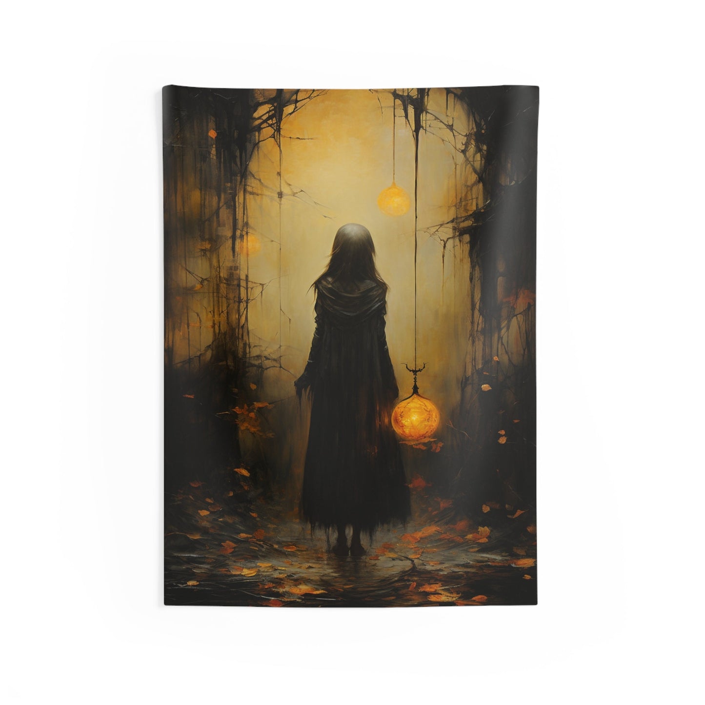 Shadowy Girl in the Dark Woods Indoor Wall Tapestries for all your Smoker Friends. Unique AI Art designs for your dorm or chillout rooms.