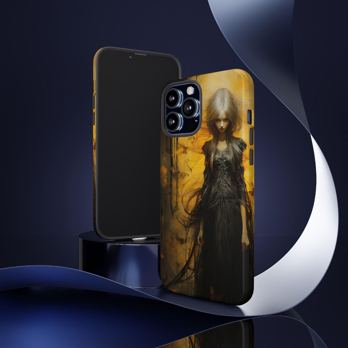 Phone Case, Creepy Girl in Black Dress Halloween Style on Yellow Gloss/Matte Cover, Spooky Gothic Design, Scary Witch Samsung/iPhone Case,