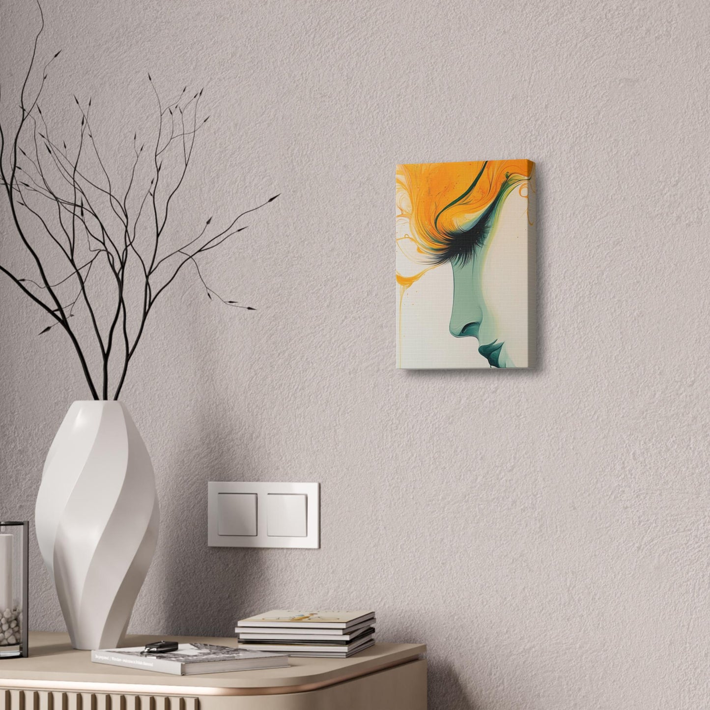 Canvas Stretched, Abstract Portrait Painting, Yellow Teal Wall Art, Modern Home Decor, Female Face Artwork, Large Canvas Print