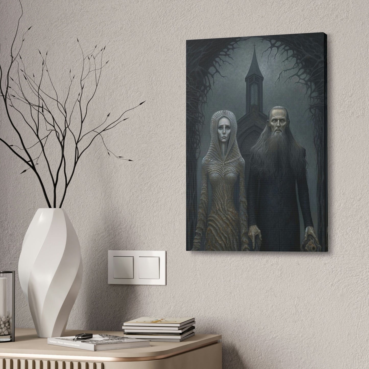 Unique wall art for college apartments or new homes | Gothic American Gothic: AI version of the classic masterpiece. A haunting gift.