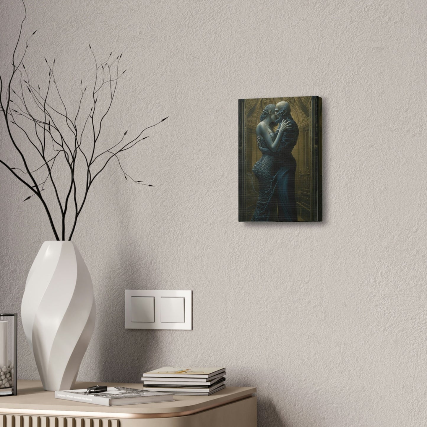 Unique wall art for college apartments or new homes | The Embrace: AI art influenced by H.R Giger and Gustav Klimt's Masterpiece, The Kiss