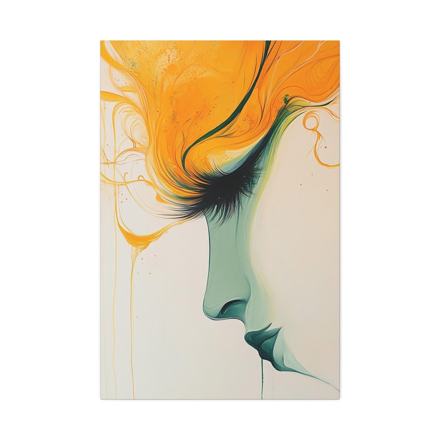 Canvas Stretched, Abstract Portrait Painting, Yellow Teal Wall Art, Modern Home Decor, Female Face Artwork, Large Canvas Print