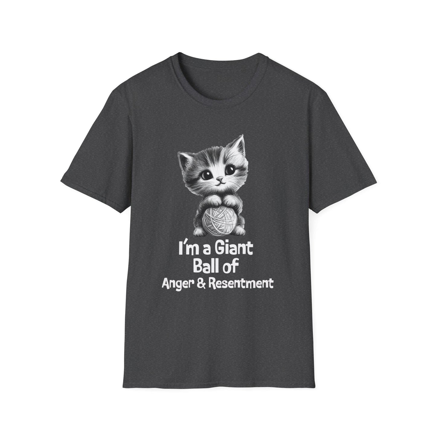 Funny Cat Tshirt - Unisex Softstyle Tee with 'I'm a giant ball of anger and resentment' - Cute Kitty Graphic, Cat Lover Gift, Sarcastic Tee,