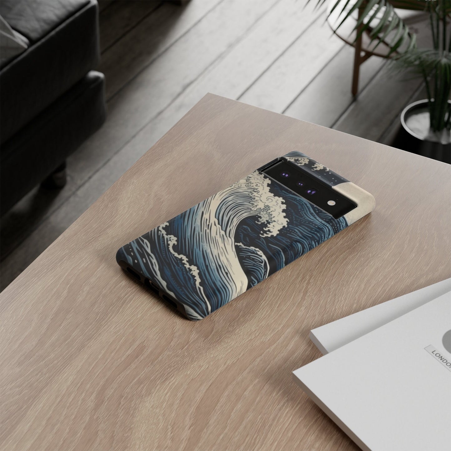 Blue wave Etching Print. Samsung and Google phone Tough Case | Ai Art