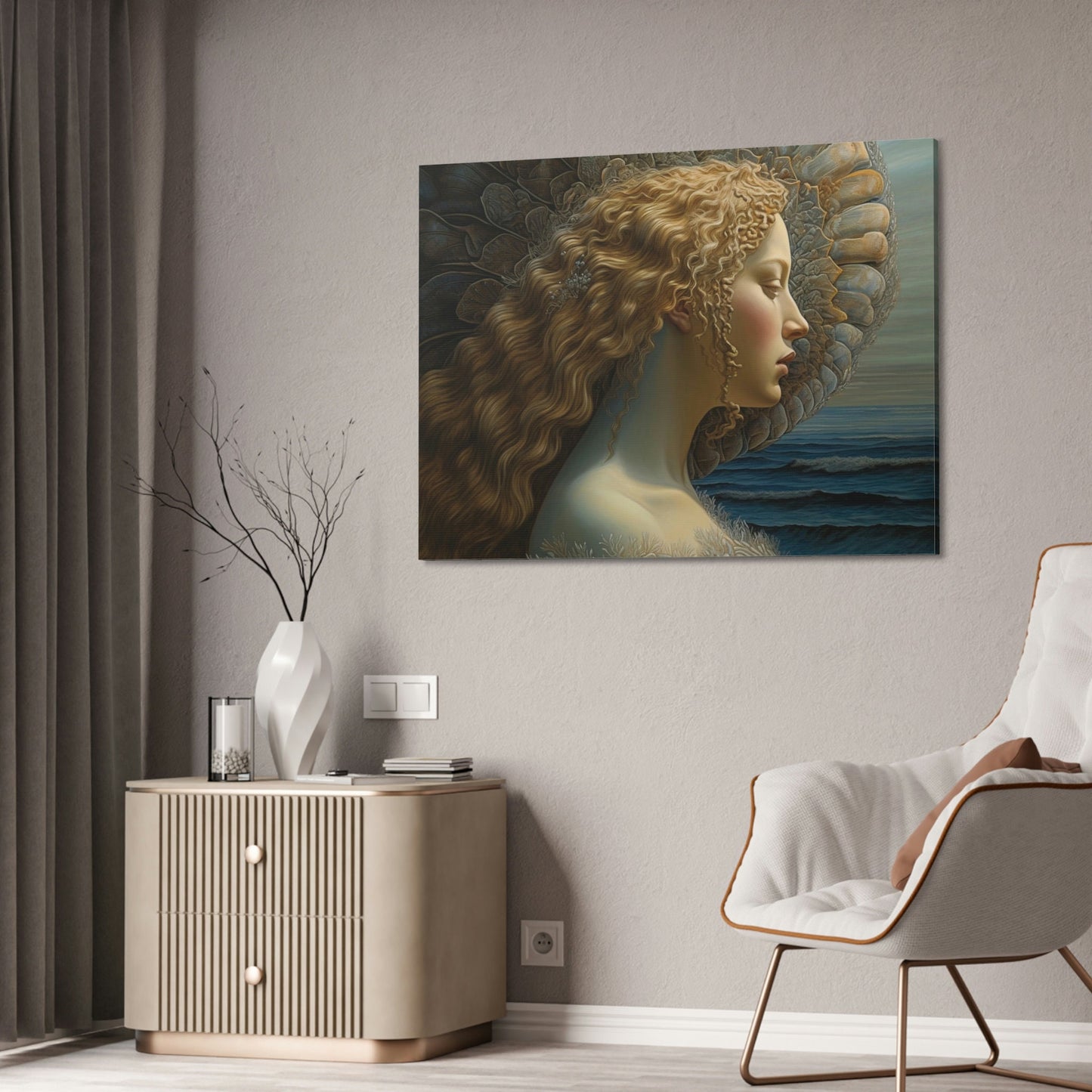 Unique wall art for college apartments or new homes | Reimagined Botticelli masterpiece, The Birth of Venus from a profile view.