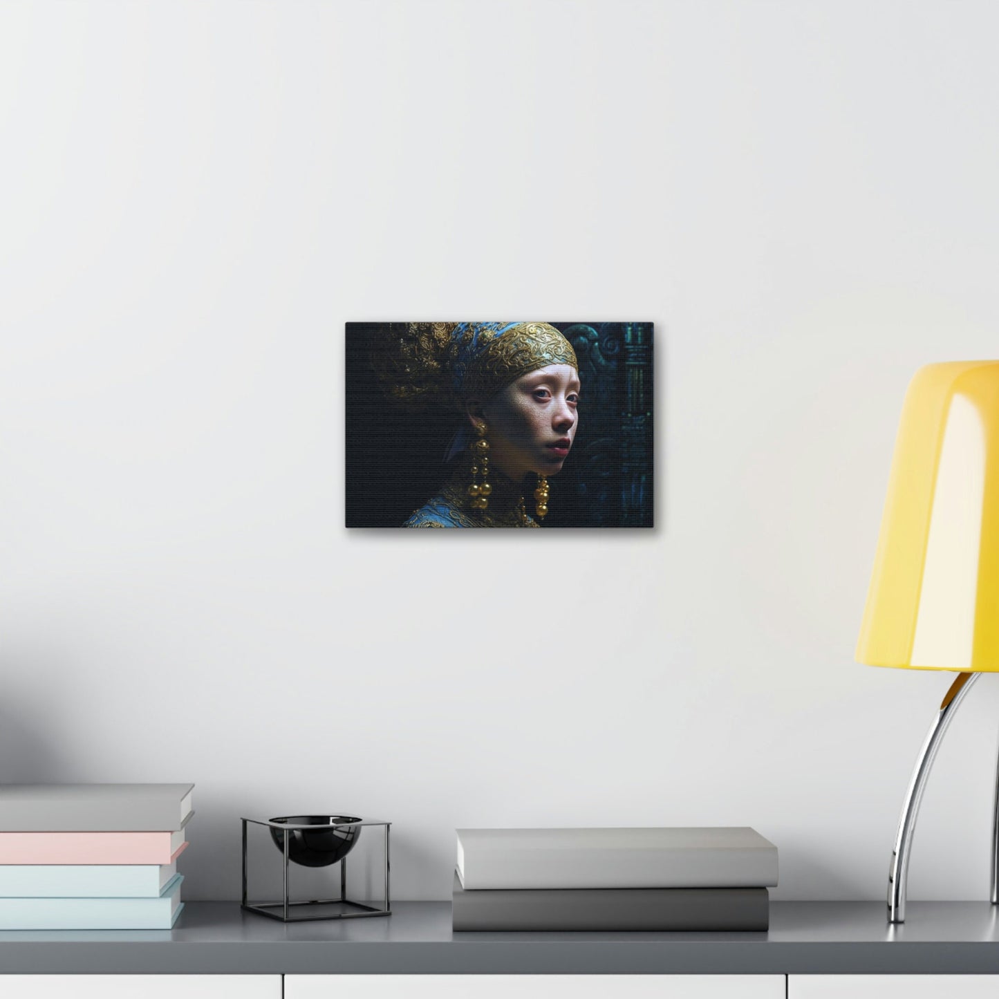 Reimagined Photorealistic Ai Wall Art version of the Vermeer masterpiece, Girl with a Pearl Earring. Alternative POV with an alien twist.