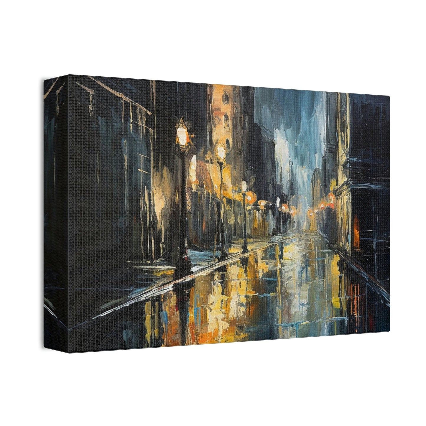 Impressionistic style Ai Wall Art. Sodden City, shows a dark and wet street scene bursting with reflections and soaked to the bone.