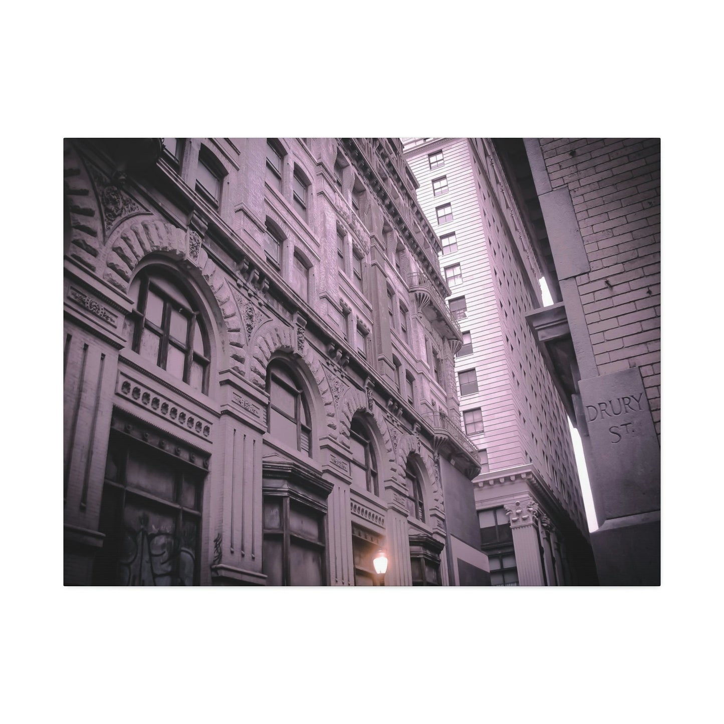 Lilac Universe of Drury Street. Slightly altered photograph of a Philadelphia street. Hints of purple and orange with a tilted perspective.