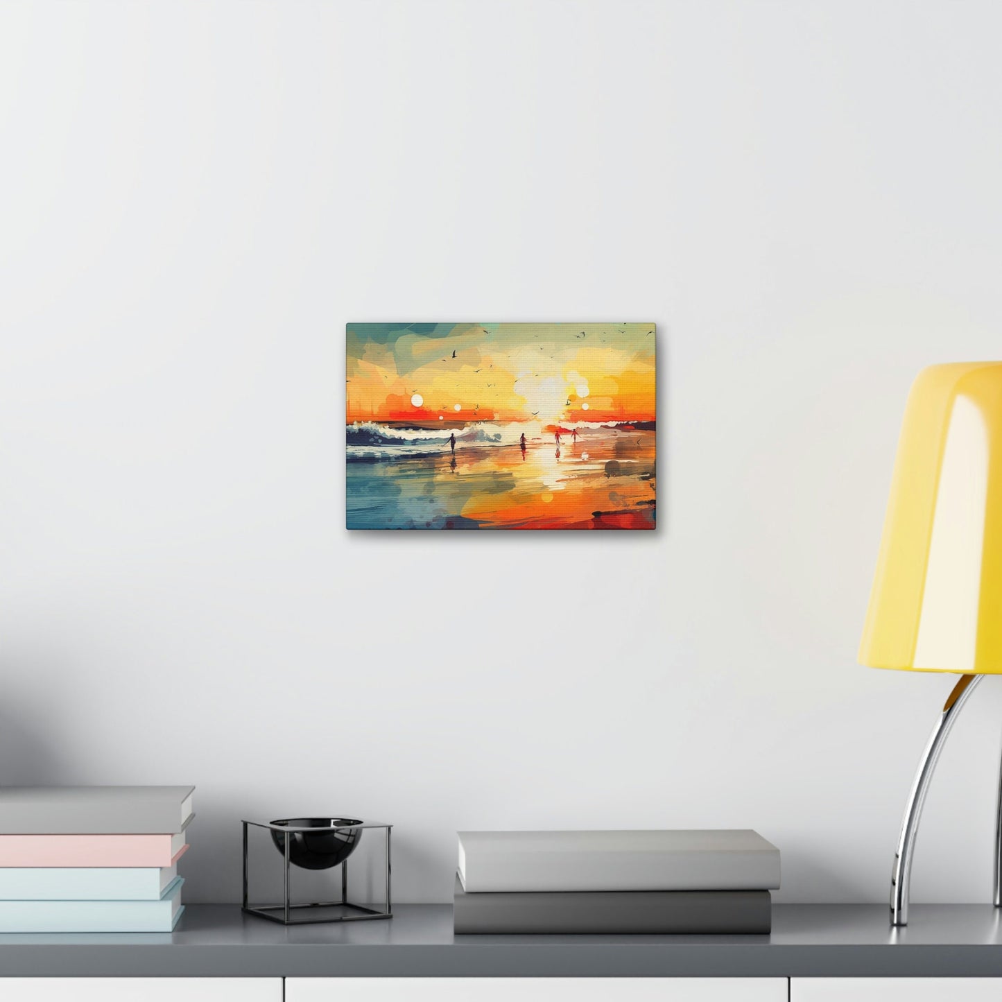 Surfer's Sunset Paradise. Ai Wall Art Impressionist style Painting Print showing a brilliant oceanside sunset .