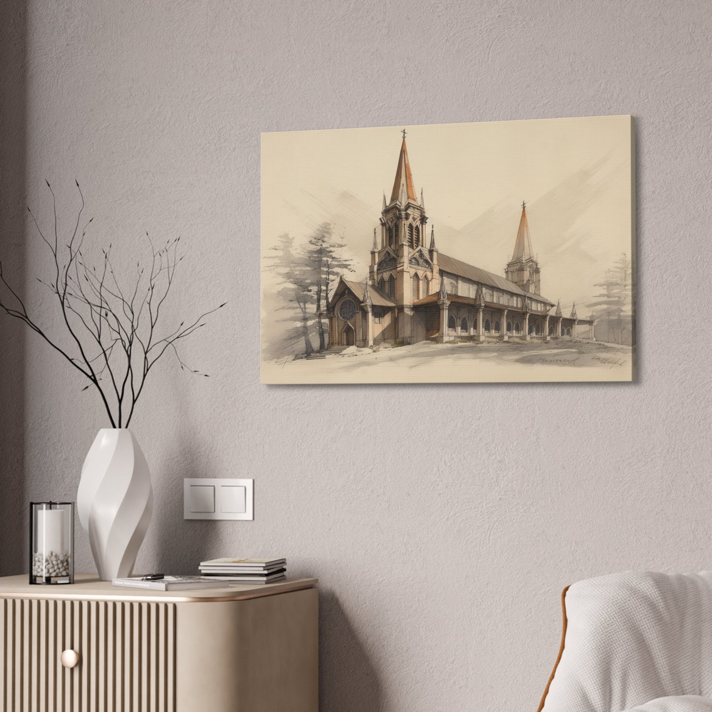 Unique wall art for college apartments or new homes | Architectural Drawing of a Church no.1 on weathered canvas | Ai Wall Art
