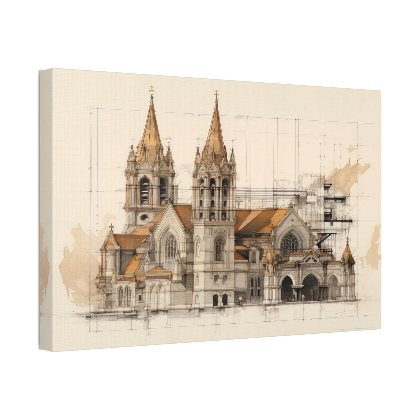 Unique wall art for college apartments or new homes | Architectural Drawing of a Church no.4 on weathered canvas | Ai Wall Art