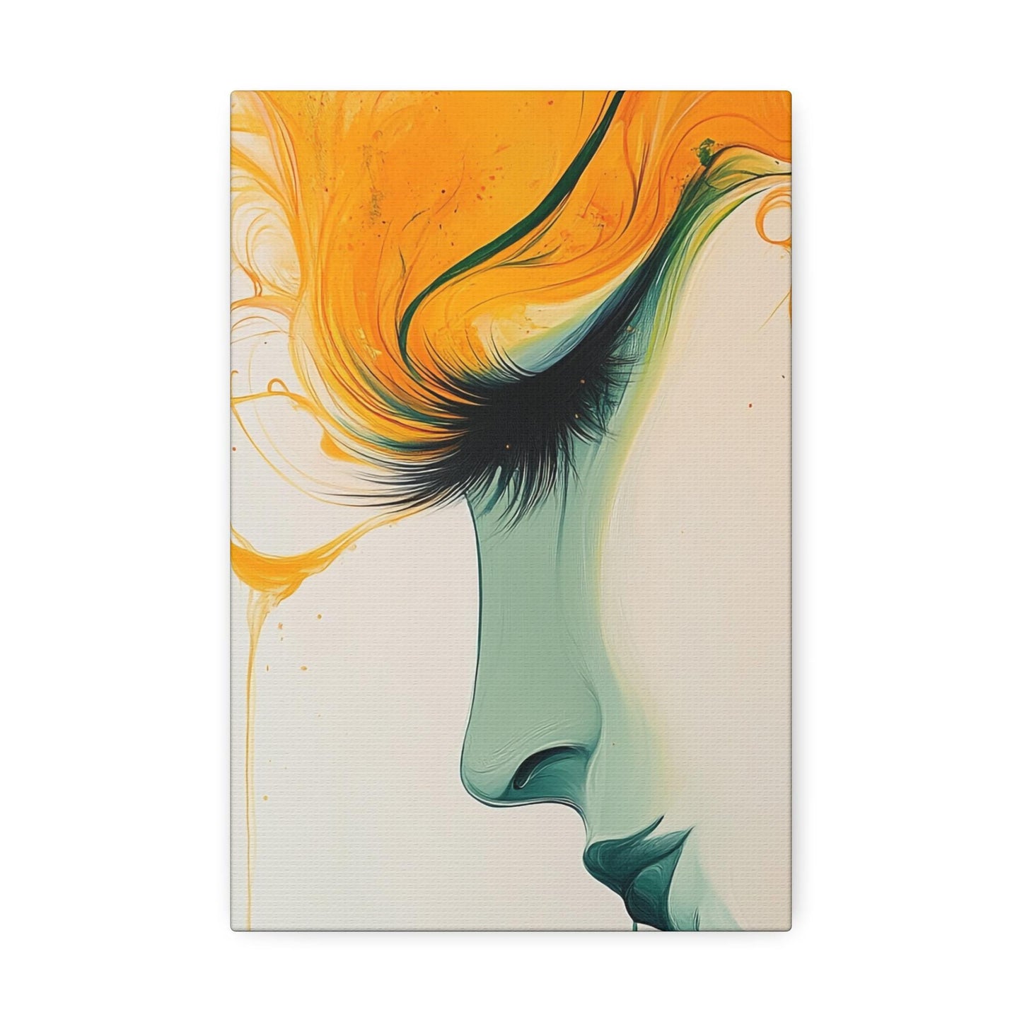 Canvas Stretched, Abstract Portrait Painting, Yellow Teal Wall Art, Modern Home Decor, Female Face Artwork, Large Canvas Print