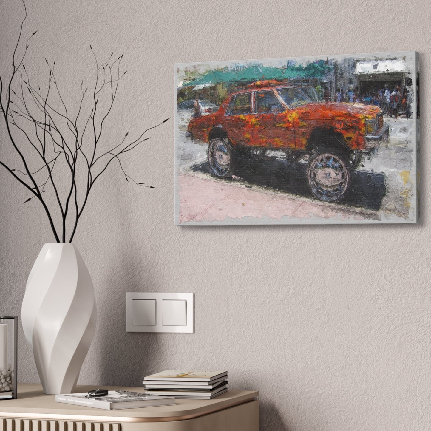 Unique College Dorm or New Apartment Wall Art | Oil Painted Car with Huge Rims. Ai generated.