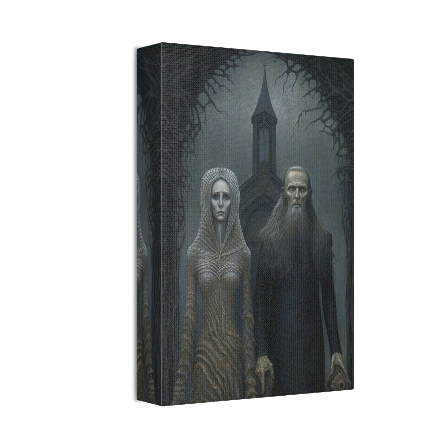Unique wall art for college apartments or new homes | Gothic American Gothic: AI version of the classic masterpiece. A haunting gift.