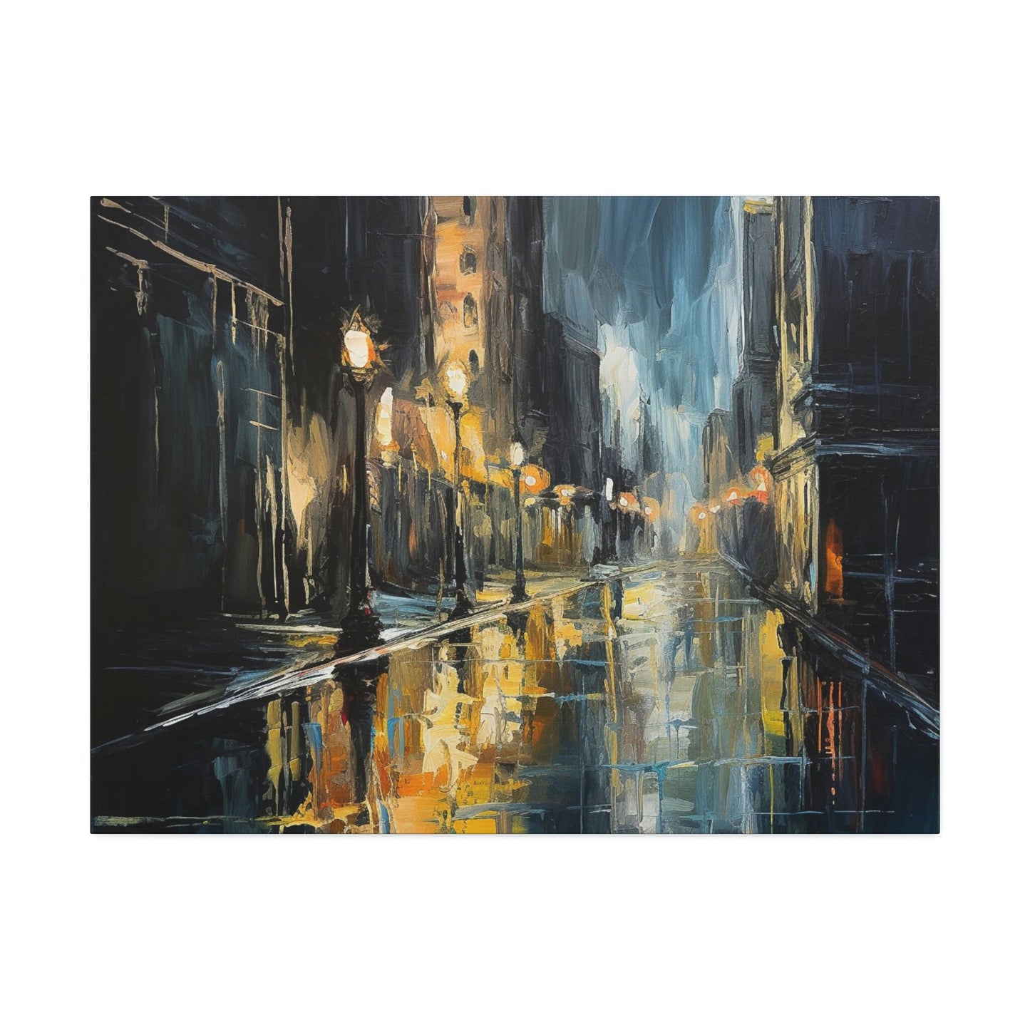 Impressionistic style Ai Wall Art. Sodden City, shows a dark and wet street scene bursting with reflections and soaked to the bone.