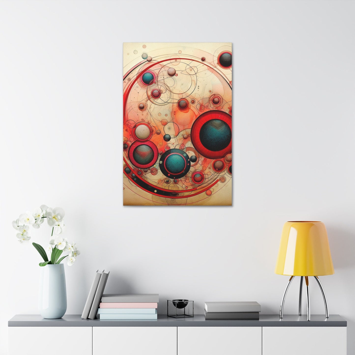 Unique wall art for college apartments or new homes | Abstract Red and Blue Circles on Weathered Canvas in the Style of Wassily Kandinsky