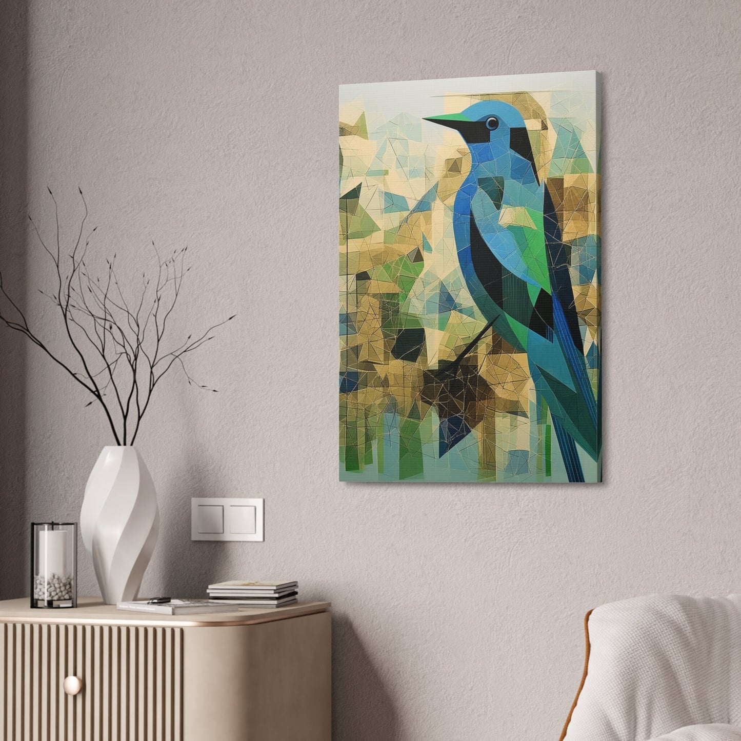 Unique College Dorm or New Apartment Wall Art | Abstract Mosaic style print of a Blue and Green Bird. Ai generated digital painting.