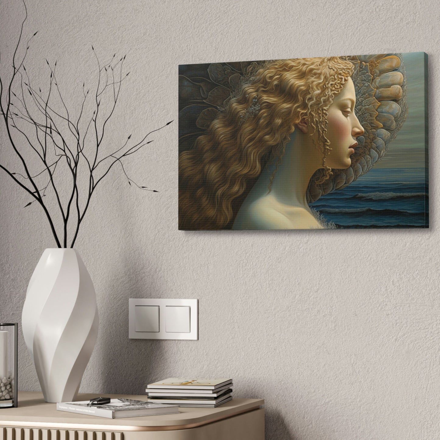 Unique wall art for college apartments or new homes | Reimagined Botticelli masterpiece, The Birth of Venus from a profile view.