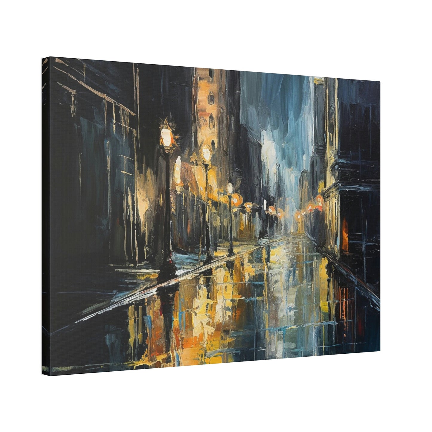 Impressionistic style Ai Wall Art. Sodden City, shows a dark and wet street scene bursting with reflections and soaked to the bone.