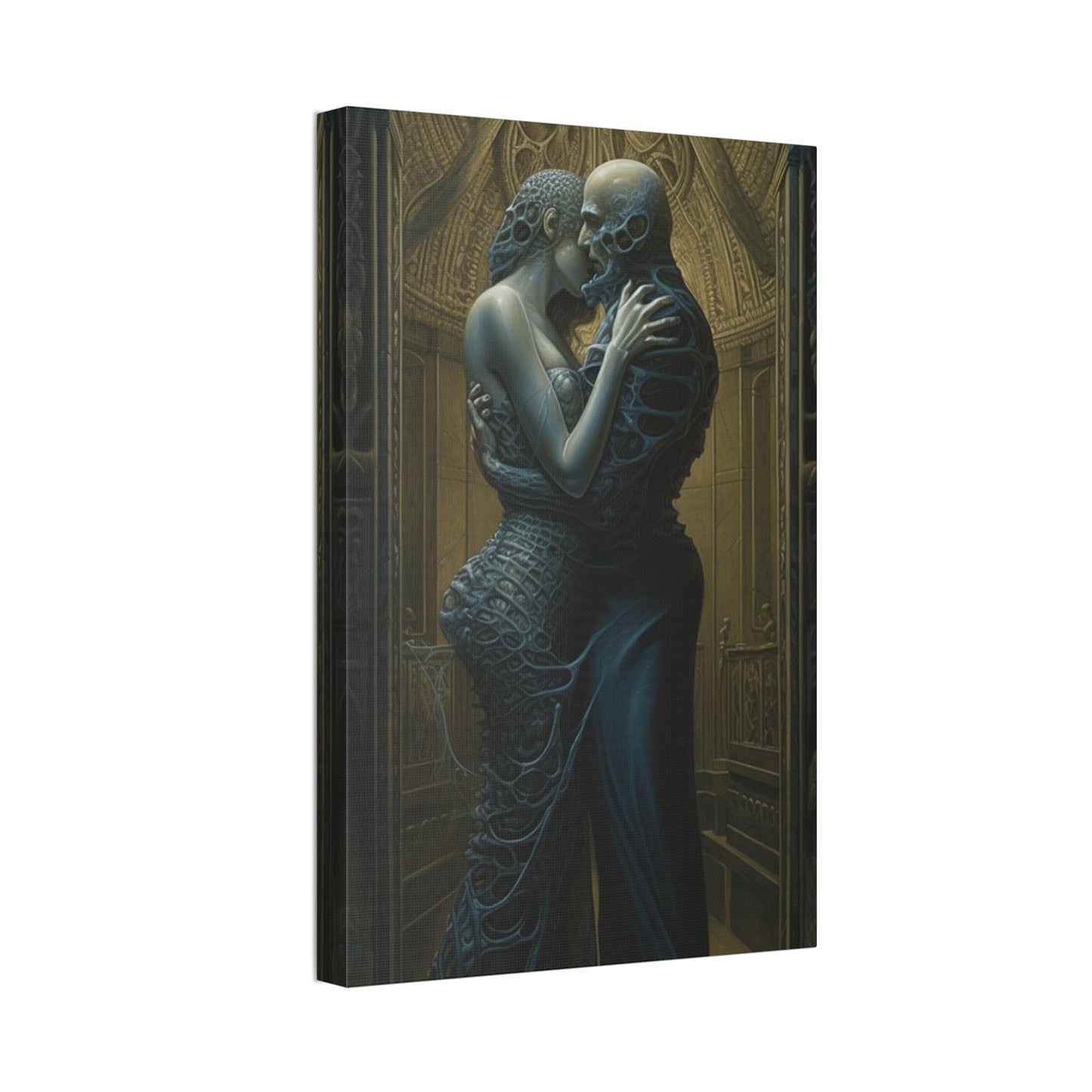 The Embrace: AI generated version mixing styles of H.R Giger with Gustav Klimt's masterpiece, The Kiss.