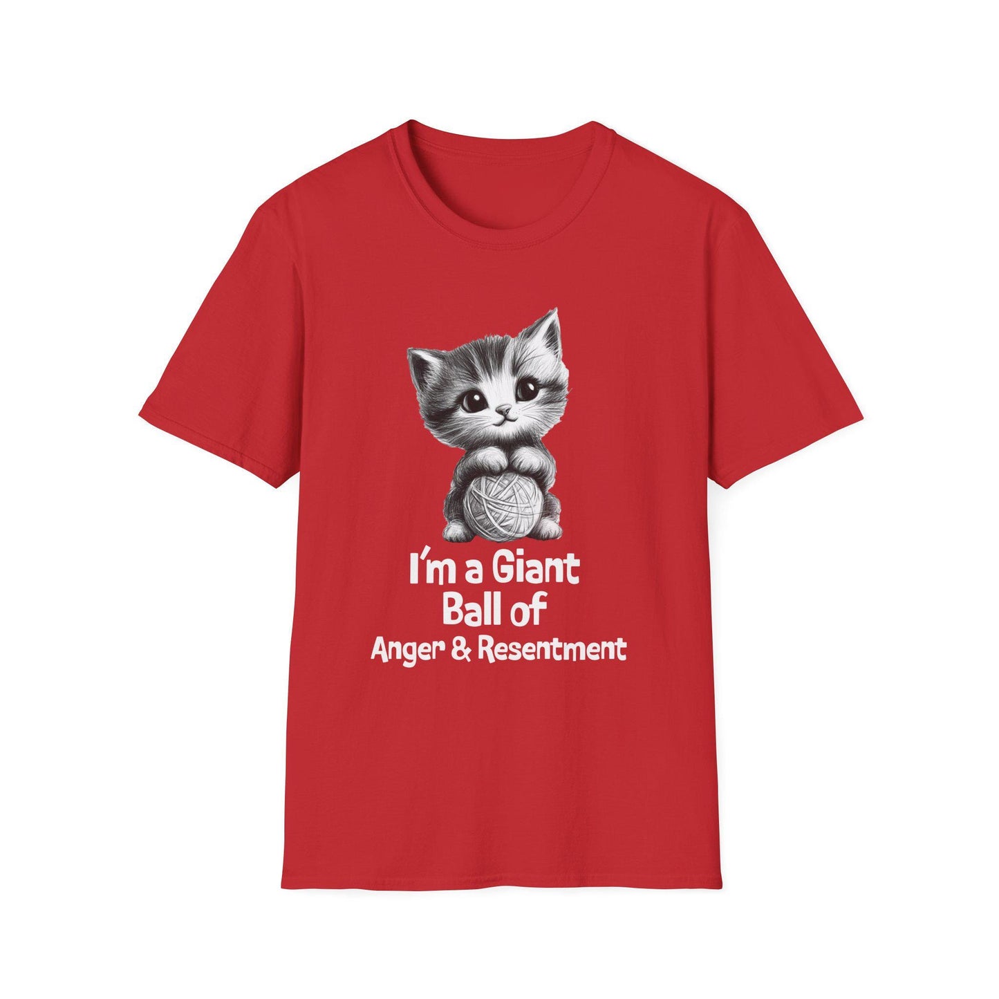 Funny Cat Tshirt - Unisex Softstyle Tee with 'I'm a giant ball of anger and resentment' - Cute Kitty Graphic, Cat Lover Gift, Sarcastic Tee,